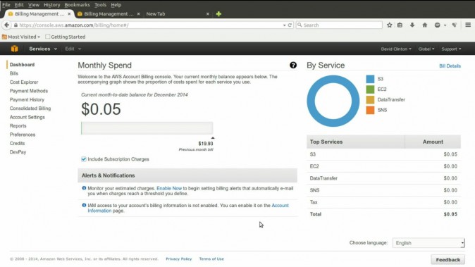 AWS console monthly spend screen