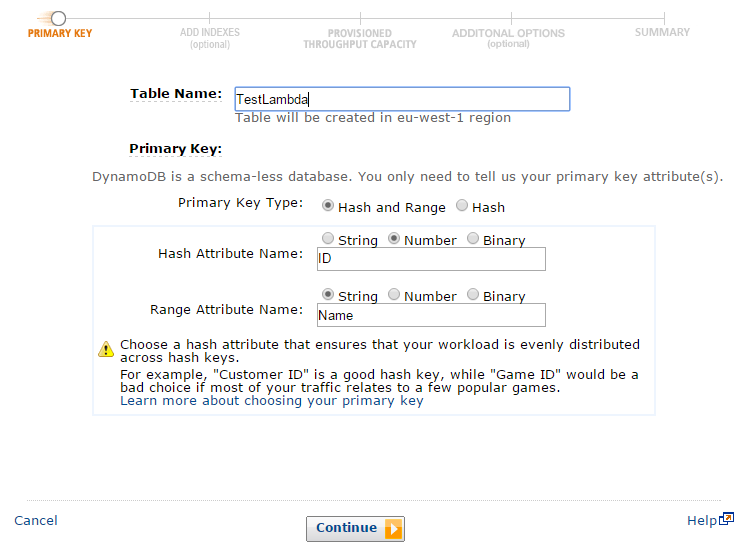 AWS Lambda form to create a table